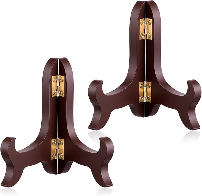 2 PCS Wooden Plate Stands for Display, 4" Easel Plate Holder Brown Folding Picture Frame Stand Small Decorative Plate Stand for Display Picture Frame Book Dish Artwork Easels