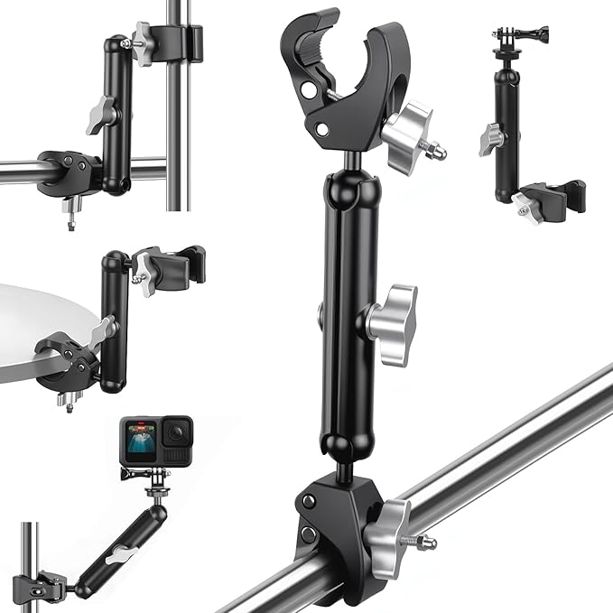 Double Super Clamp Camera/Umbrella Mount,360° Magic Long Arm Pole Clamp,Double Ball Head Adapter for Photo Studio Light Stand,Gopro,Golf Carts,Motorcycle,Cross Bars,Strollers (Black)