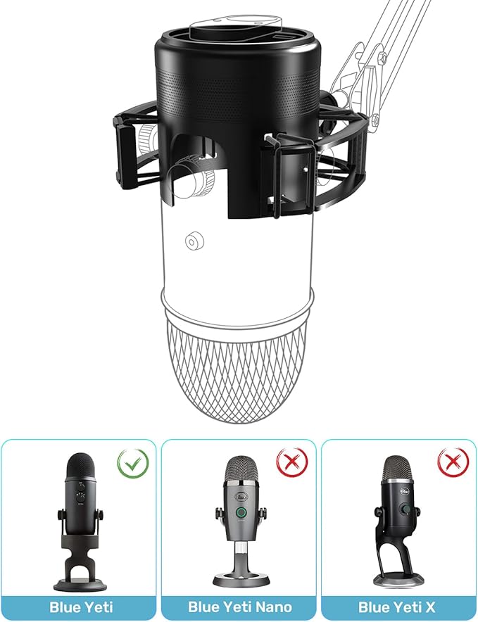 Custom Built for Blue Yeti Shock Mount with Pop Filter, 2026 Upgrade Anti-Vibration Suspension Elastic Shock Mount Holder Clip Mics Stand with Screw Adapter Compatible with Yeti Microphone