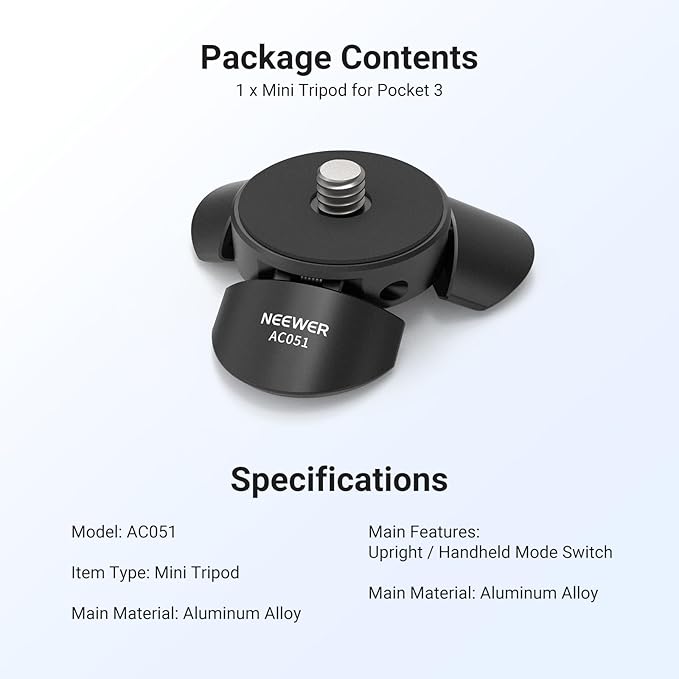 NEEWER Mini Tripod Compatible with DJI Osmo Pocket 3, Small Desktop Gimbal Camera Holder Mount Stand with 1/4" Screw Compatible with Insta 360 X5 X4 X3 Action Cams, Upright/Handheld Mode Switch, AC051