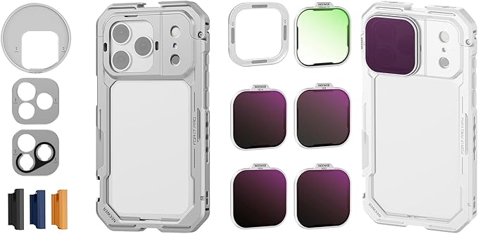 NEEWER PA144 Phone Cage Compatible with iPhone 17 Pro Max + ND & Black Diffusion1/4 Filter Set for PA143/PA144 Phone Cage Only, Quick Release Video Rig Stabilizer Accessories, Silver