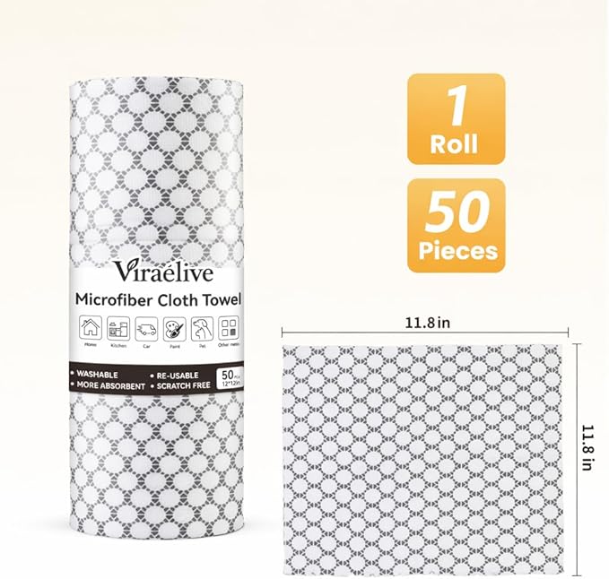 Microfiber Cleaning Cloth Roll, 50-Count Reusable, Durable, No Streaks, Absorbent, Lint-Free Non-Scratch Easy Tear-Away Towels, Dish Rags for Kitchen, Home, Car & Glasses, White Waffle, 12x12 in