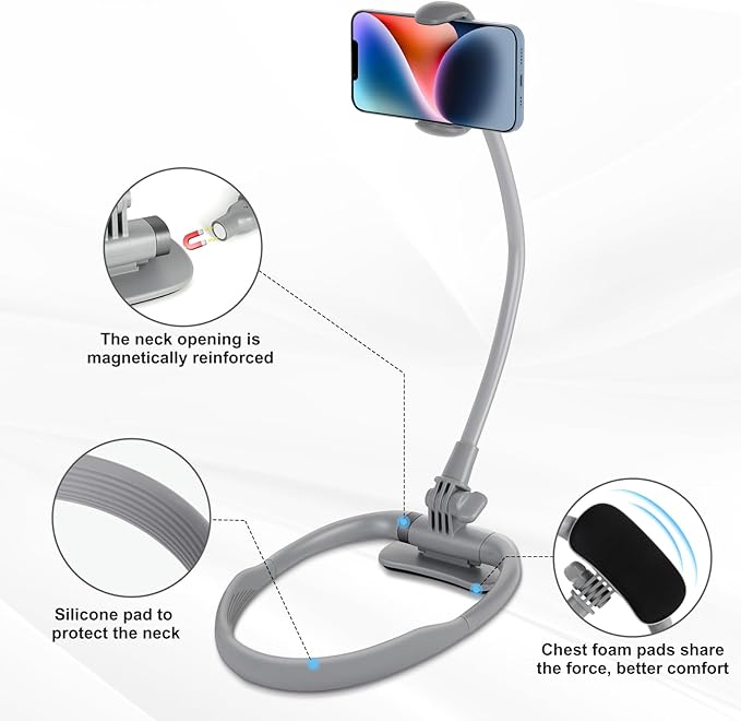 Cell Phone Stand, Neck Cell Phone Holder for Bed, Hand Free POV/Vlog Selfie Phone Neck Holder for Recording, Universal Multi-Functional Flexible Phone Stand for 4.7''-6.7'' Phone