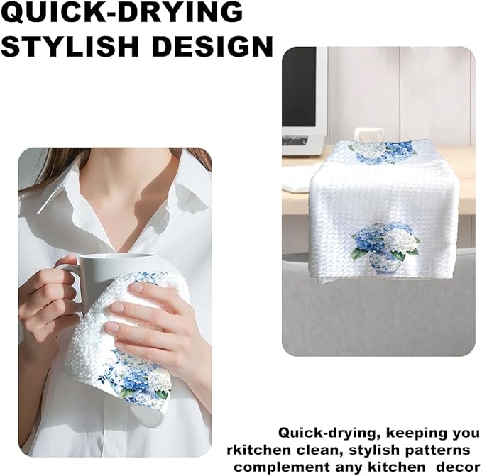 2Pcs Blue and White Porcelain Chinoiserie Kitchen Towels 24x14 Inch, Hydrangea Floral Dish Towels Tea Towels for Kitchen Bathroom Decor, Absorbent Microfiber Dish Cloth, Grand Millenial Decor