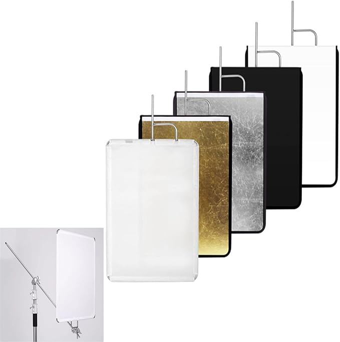 30"x36"/75x90cm Light Reflector Flag Panel Kit, 5-in-1 Diffusion Scrim Translucent/Gold/Silver/Black/White Lighting Diffuser, Stainless Steel Foldable Frame for Studio Portrait Photography