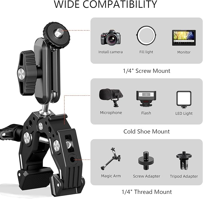 Super Clamp Mount with 360° Dual Ballhead & Magic Arm,Anti-Fall 360° Rotating Motorbike Phone Holder Camera Clamp for DSLR,GoPro Hero 13,DJI OSMO Pocket 3,Insta 360 X5 Fits Mountain/Scooter/Dirt