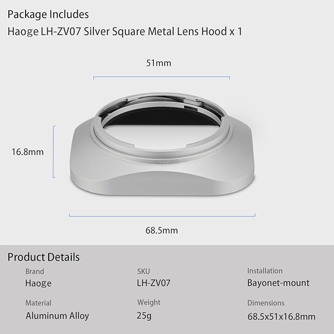Haoge LH-ZV07 Square Metal Lens Hood for Carl Zeiss Biogon T* 2/35 35mm f2 ZM, C Biogon 2.8/35 35mm f2.8 ZM, Planar T 2/50 50mm f2 ZM; Voigtlander NOKTON Classic 35mm f1.4 VM, 40mm f1.4 VM as LH-6