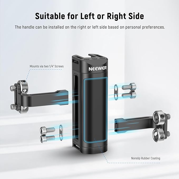 NEEWER Side Handle Grip Compatible with SmallRig NEEWER Camera Cage, Lightweight Camera Handle Rig with Dual 1/4" Screws (18mm-20mm Spacing), 1/4" Threads, Cold Shoe, Up and Down Adjustable, CA022H