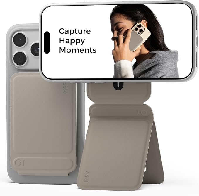 MOFT Phone Tripod Stand Selfie Stick for iPhone, Multi-Angles iPhone Stand, Lightweight & Portable Phone Holder, Strong Magnets, MOVAS Vegan Leather, Travel Essentials, Taupe (Without Card Slot)