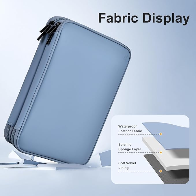 Leather Cord Organizer Travel Waterproof Travel Cable Organizer Bag Portable Tech Organizer Travel Case for Charger Electronic Accessories for Men (Gray&Blue, Single Layer-Small)