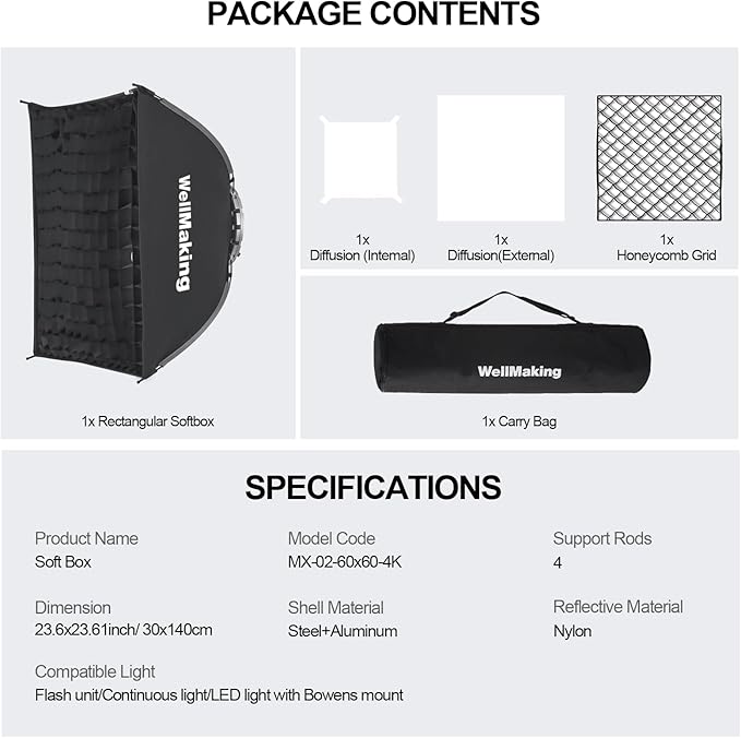 WELLMAKING Rectangular Softbox 60 x 90cm/23.6" x 35.4", Studio Soft Box with Diffusers/Honeycomb Grid/Bag,Compatible with Bowens Mount Light for Portrait or Product Photography Studio Flash Monolight