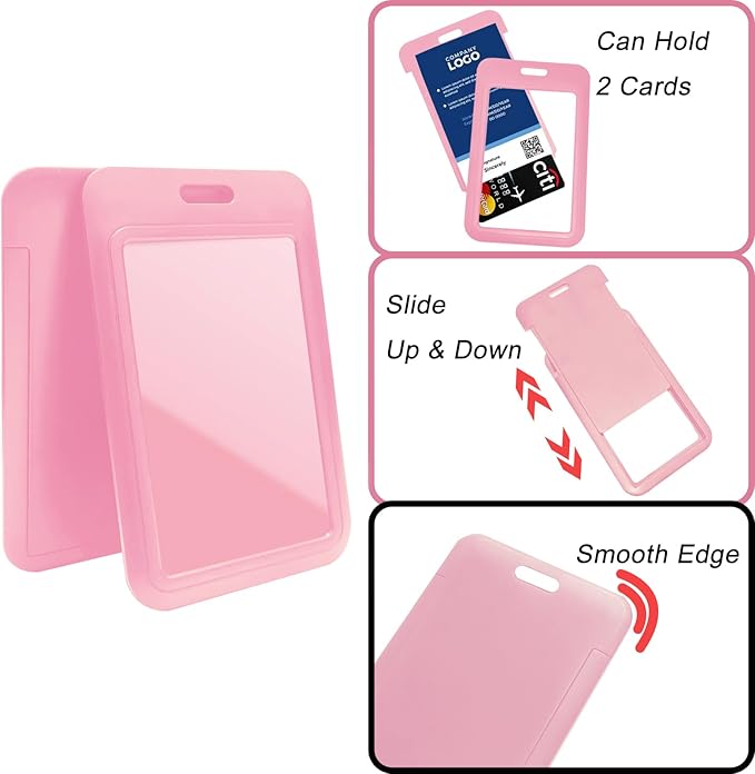 Larpur Pack of 2 Vertical ID Badge Holders Hard Plastic Card Cases with Clear ID Window for School, Office, Factory, Pink