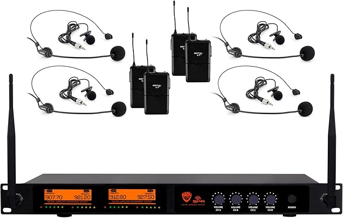 Nady DW-44-LT-HM Gen 2 Quad Digital Wireless Lapel & Headset Microphone System – 907.7MHz/921.2MHz/912.8MHz/927.5MHz (Non-Adjustable), Plug and Play Set-up, and 300 ft. Range