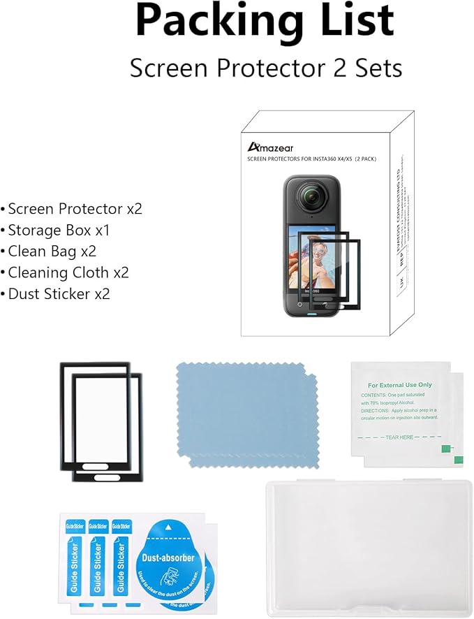 AMAZEAR Screen Protector for Insta360 X5 Accessories (2 Pack), Tempered Glass LCD Display Film Screen Protective Cover for Insta360 X4/Insta 360 X5, Ultra HD, 9H Hardness, Scratch Resistant