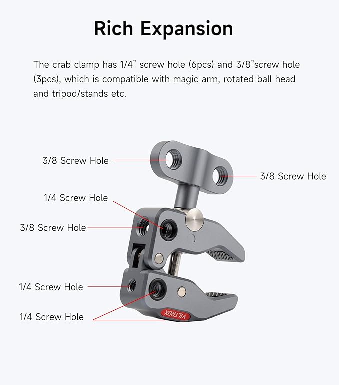 VILTROX ES-V02 Super Crab Claw Clamp Magic Arm Camera Clamp, Crab-Shaped Monitor Clamp with 1/4" 3/8" Threaded Holes for Gopro/DSLR Camera/Stabilizer/LED Light for Photography Video Recording Vlogging