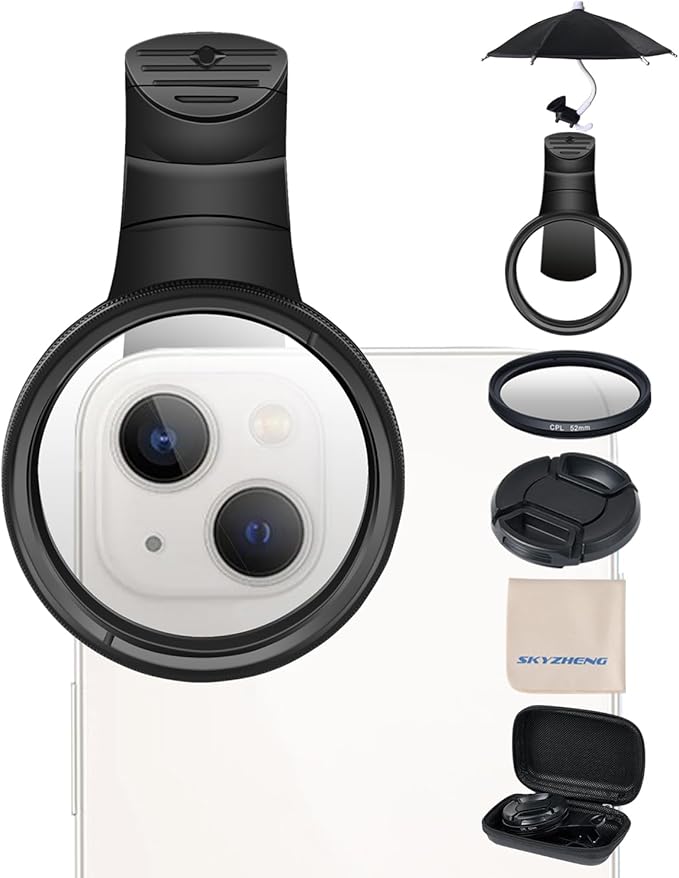 52mm Clip-on CPL Phone Camera Lens Filter Kit with Suction Cup Phone Umbrella for Sun, Compatible with iPhone 15 14 13 12 11 and Other Smartphones (Black 52mmcpl)