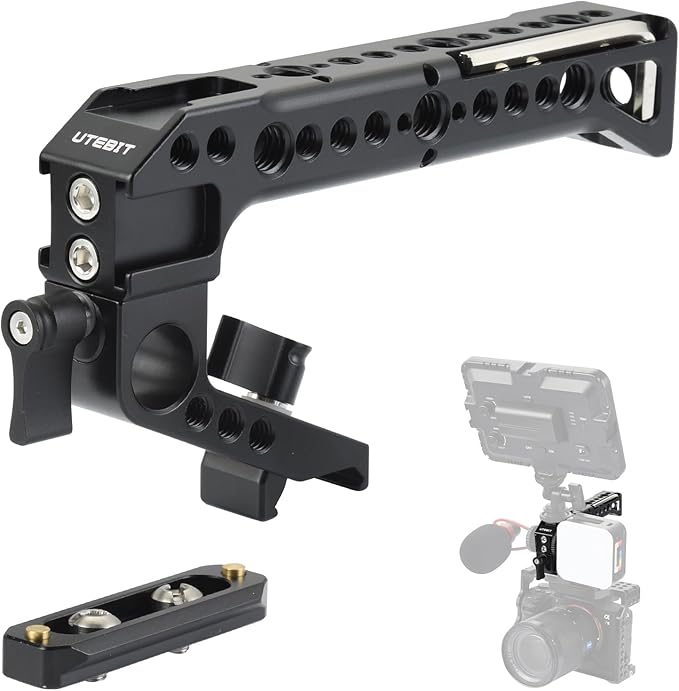 UTEBIT Camera Top Handle and NATO Rail, Top Handle Grip with 1/4" 3/8" ARRI Threads, 4 Cold Shoe Adapters to Mount DSLR with Microphone/LED Light/Monitor