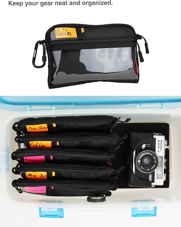 Video Accessories Organizer Pouch with Clear Window, 900D PU Utility Bag for Camera Accessories, Cable Storage, Battery Case, Small Tool Bag with Carabiner & ID Labels, for Travel Filming