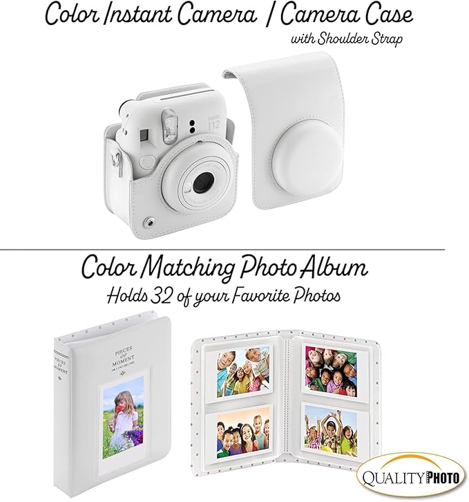 Fujifilm Instax Mini 12 Instant Camera + 60 Photo Prints + Quality Photo Value Bundle, Case, Decoration Stickers, Frames, Photo Album, (Clay White)