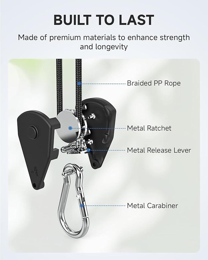 Fondwell 1/8" Adjustable Rope Hangers Ratchet: 2 Pack of Plant Pulleys for Hanging Plants Heavy Duty - Tie Down Straps with Pulley System