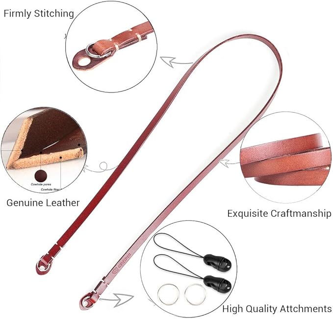 Genuine Leather Camera Neck Shoulder Strap Compatible with Fujifilm Sony Olympus Panasonic Lecia Canon Nikon Mirrorless Compact Cameras (Brown, Retro Style, Slim Belt)