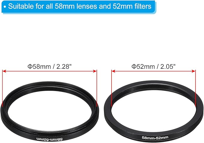 PATIKIL 58mm-52mm Metal Step Down Ring with Cleaning Cloth, 2 Pack Camera Lens Filter Adapter Ring Aluminum Filter Adapter Ring for Camera Lenses Hood, Black