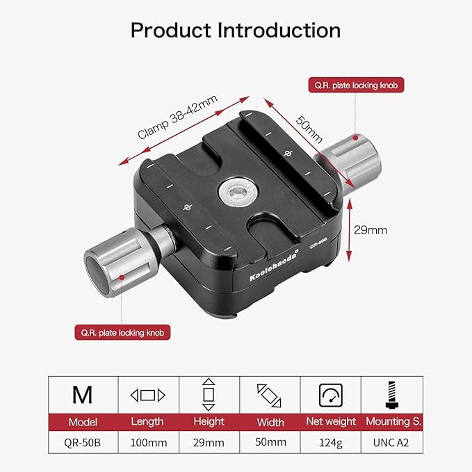 koolehaoda QR-50B Quick Release Plate Clamp Double Clamp Adapter Compatible for Arca Swiss Plate RRS Rail Plate Nodal Slide Subtend