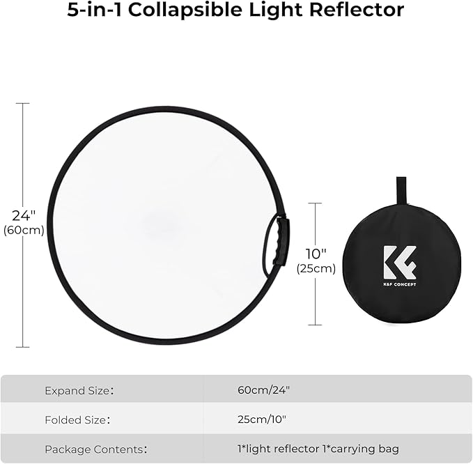 K&F CONCEPT 5-in-1 Light Reflector with Grip 22"(60cm) Photography Diffuser Collapsible Portable for Studio and Outdoor Lighting Gold Silver White Black Translucent