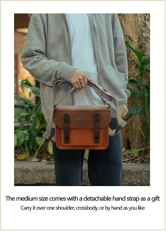 VueFoto Camera Messenger Bag,Vintage Leather Flip-top Waterproof Camera Bag,Compatible with Canon,Nikon,Sony SLR/DSLR Mirrorless Cameras For Women and Men (Orange, Small)