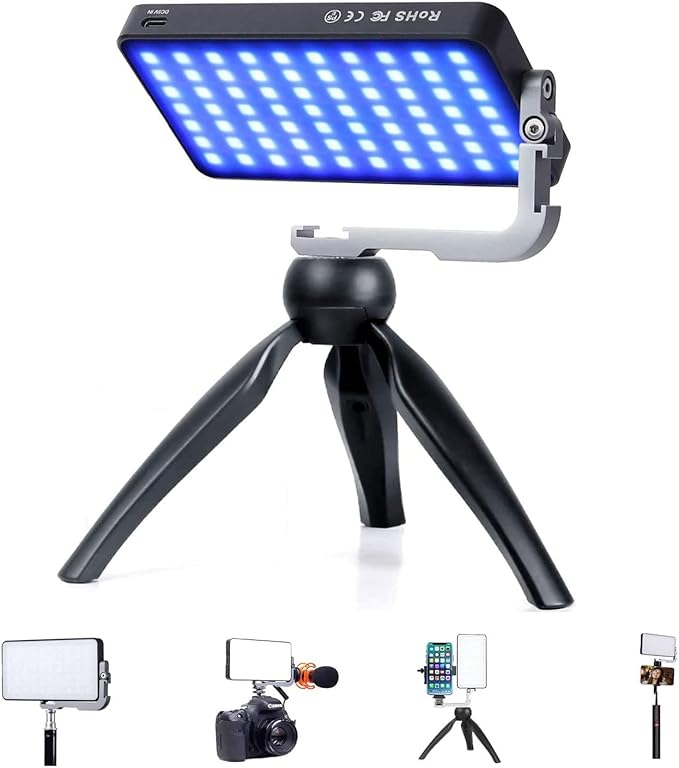 G2 Pocket RGB Camera Light,Built-in 7200mAh Rechargeable Battery 360°Full Color Gamut 9 Light Effects,2600-10000K LED Video Light Panel with Aluminum Alloy Body, Adjustable Tripod Stand