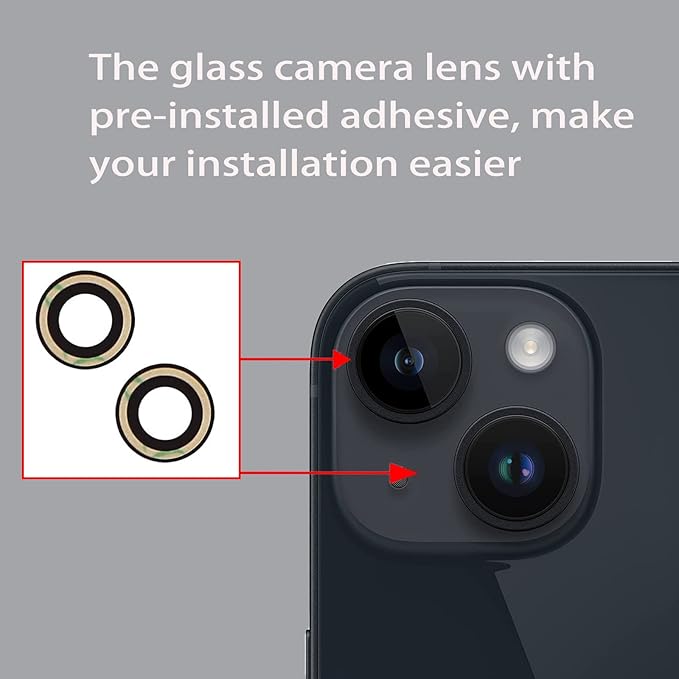 2 Pcs/Set Back Rear Camera Lens Replacement for iPhone 14 for iPhone 14 Plus, Rear Glass Camera Lens Cover Back Camera Glass Lens Replacement with Pre-Installed Adhesive + Repair Tool Kit