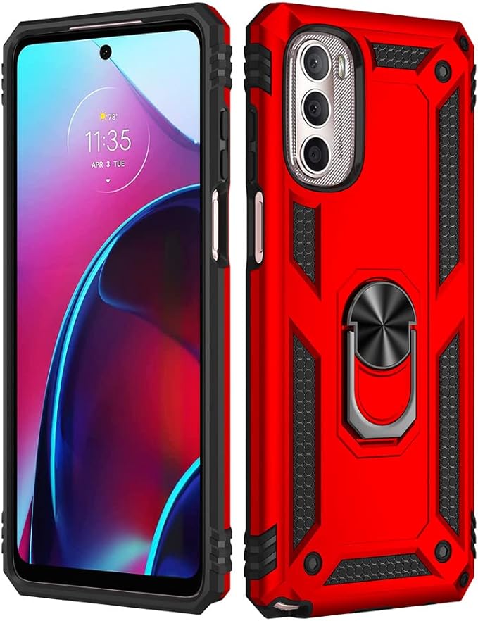 Androgate Compatible with Motorola Moto G Stylus 2022 4G Case with HD Screen Protector, Military-Grade Metal Ring Kickstand 15ft Drop Tested Shockproof Cover Case for Moto G Stylus 4G 2022, Red