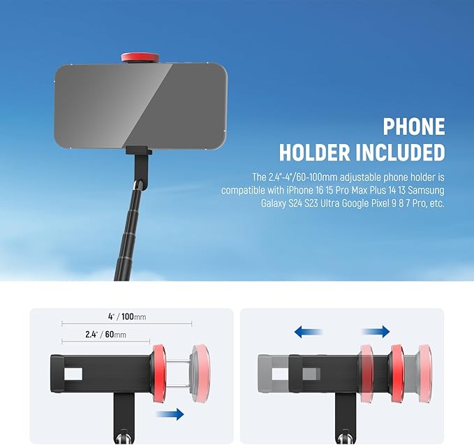 NEEWER Basics PA991 Selfie Stick Tripod Compatible with iPhone Samsung Android, 57.9 Inch Metal Portable Lightweight Travel Mobile Phone Stand with Holder & Remote Control for Video Recording
