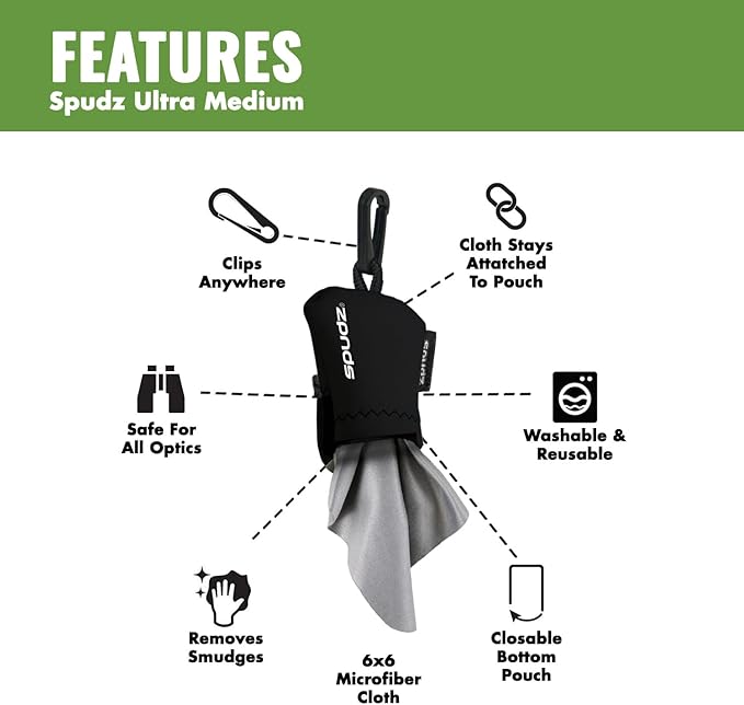 SPUDZ Ultra Microfiber Lens Cleaner – Closable Pouch, Clip-On, Washable – for Optics, Scopes, Glasses | Alpine Mountain Camo, 6 x 6 Inch