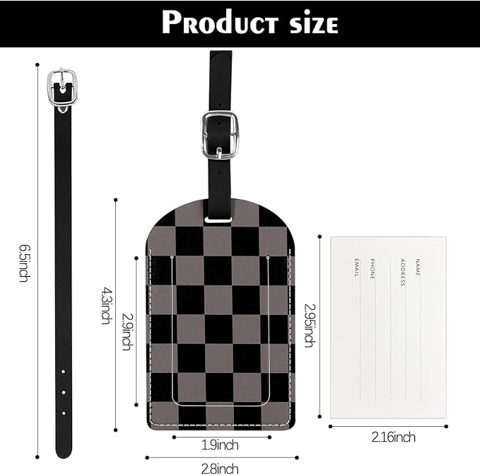 2 Pack Luggage Tag Suitcase Tags PU Leather Identifiers Privacy Cover Luggage Tags Aesthetic Cute Travel Bag Labels for Women Girls Men-Black Gray Checkered
