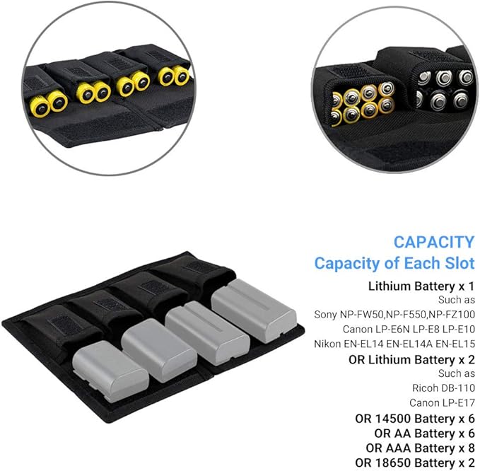 (6 Pockets) Camera Battery and SD Card Pouch Holder for 18650 x 8, AA, LP-E6N LP-E6NH LP-E17 EN-EL14 EN-EL15 NP-FW50 NP-FZ100 NP-W126S Battery,Suitable for Canon M50 Mark II 5DM4 6DM2 80D Sony A7R IV