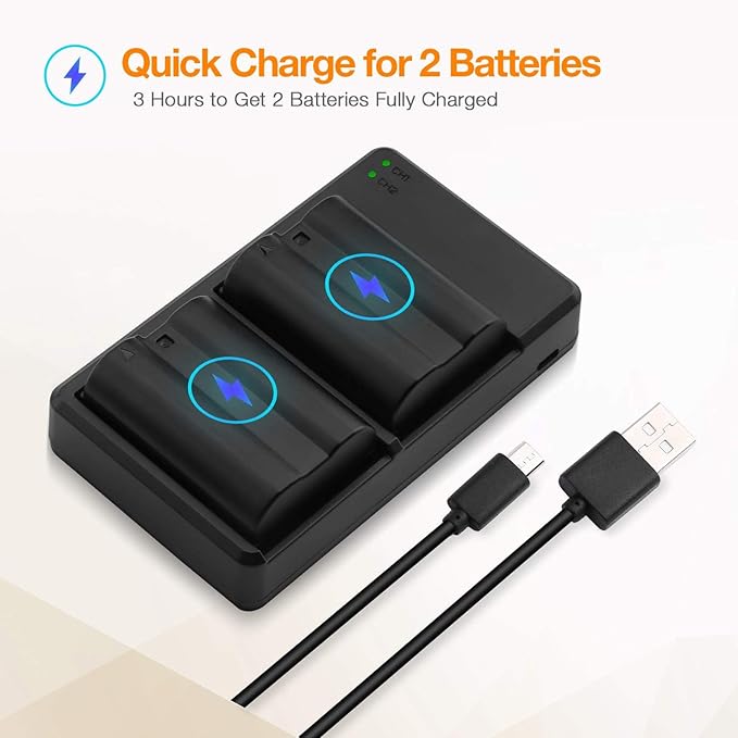 LORDONE EN-EL15C Battery (2-Pack) / EL15a /EL15b and USB Dual Charger Compatible with Nikon Z5,Z5II,Z6III,Z6II, Z6,Z7, Z8, D7500, D500, D7200, D810A,D810,D850 Batteries