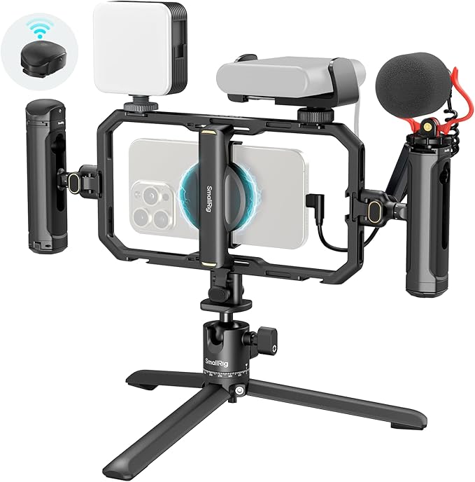 SmallRig Pro Phone Stabilizer Video Rig Kit, All-in-One Creator Bundle with LED Light, Mic,Table Tripod, Dual Handles for Live Streaming, for Creator, for iPhone 17/16/15 Pro, Android