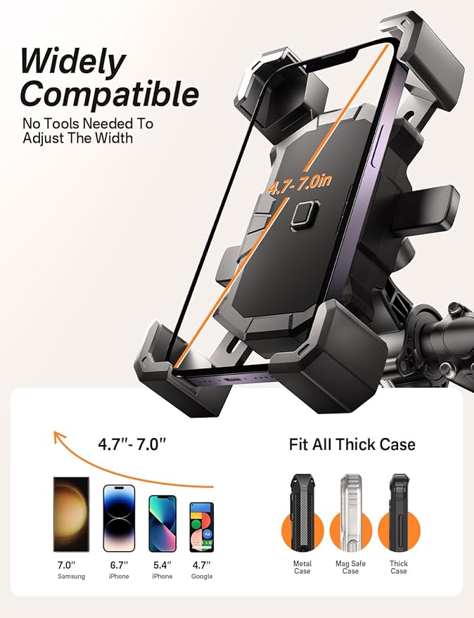 Delobon Bike Phone Holder Handlebar,Motorcycle Phone Mount,ATV Cell Phone Clamp,Scooter Phone Clip for iPhone 15 Pro Max14 13 12plus, Samsung S24Ultra S23 and More 4.7" to 7.0" inch Phone