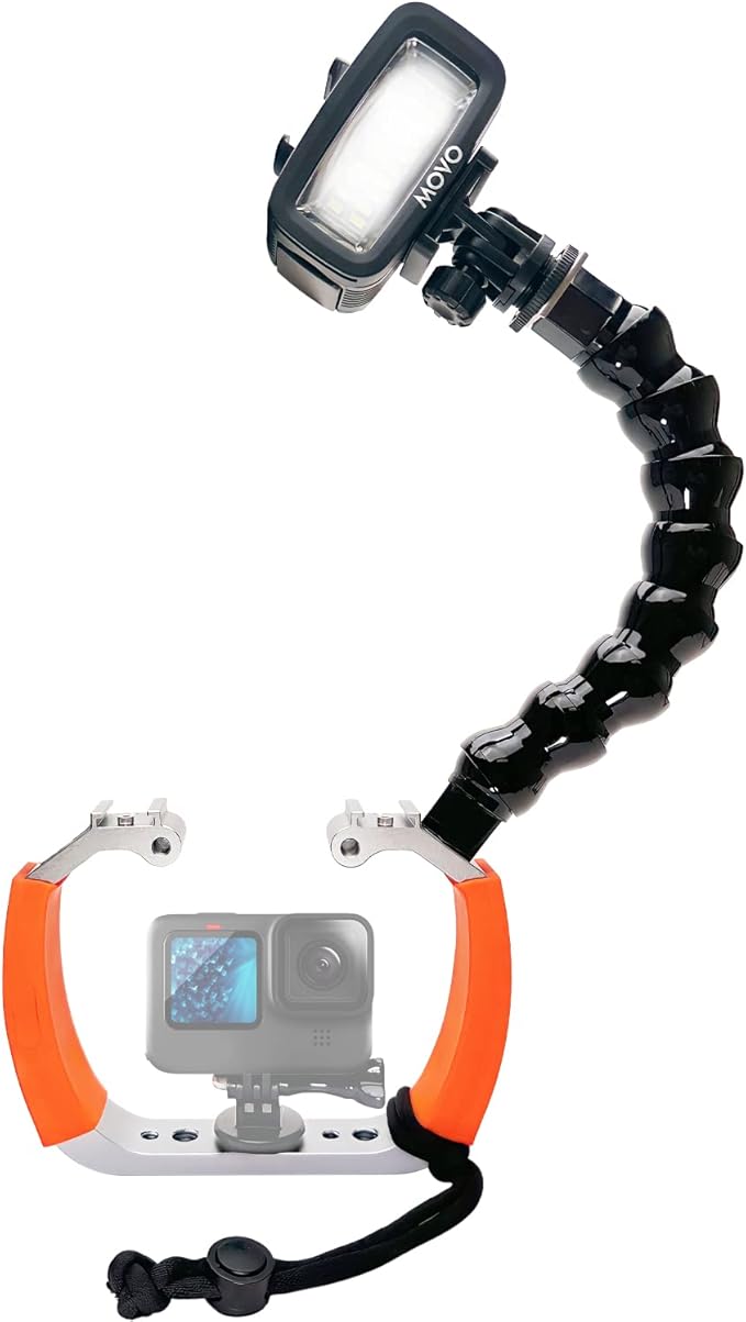 Movo DiveRig8 Underwater Video/Photo Diving Rig for Scuba and Snorkeling - Compact Action Camera Cage Dive Rig, Waterproof Light with Flexible Arm Mount - Compatible with GoPro, DJI Osmo, Insta360