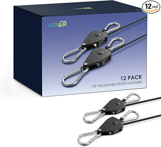 VIPARSPECTRA Retractable Heavy Duty Ratchet Tie Down Straps [12 Pack, 8ft, 75lbs/Pack], Rope Pulley System with Carabiner Hook Rope Adjuster for Hanging Plants/Grow Light/Tents Various Tie-Down Uses