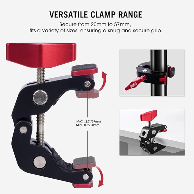 Came-TV Super Clamp Camera Mount with 1/4" and 3/8" Thread Holes, Aluminum Crab Clamp Mount with Locating Holes/Rubber Pads for Most Photographic Accessories, Max. Load 8.8lbs (64003B)