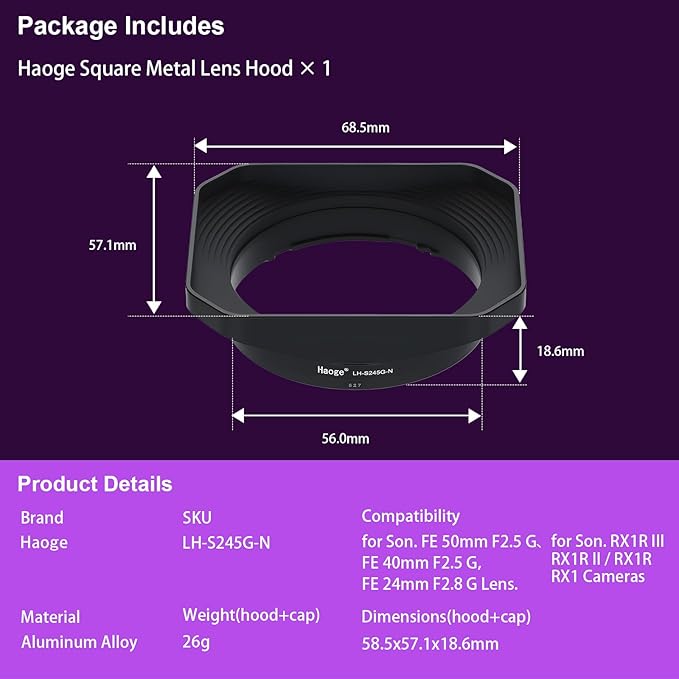 Haoge Metal Square Lens Hood for Sony RX1R3 M3 FE 40mm F2.5 G FE 50mm F2.5 G FE 24mm F2.8 G Lens Shade on Sony A7CII A7CR A7R4 Bayonet Mount LH-S245G-N