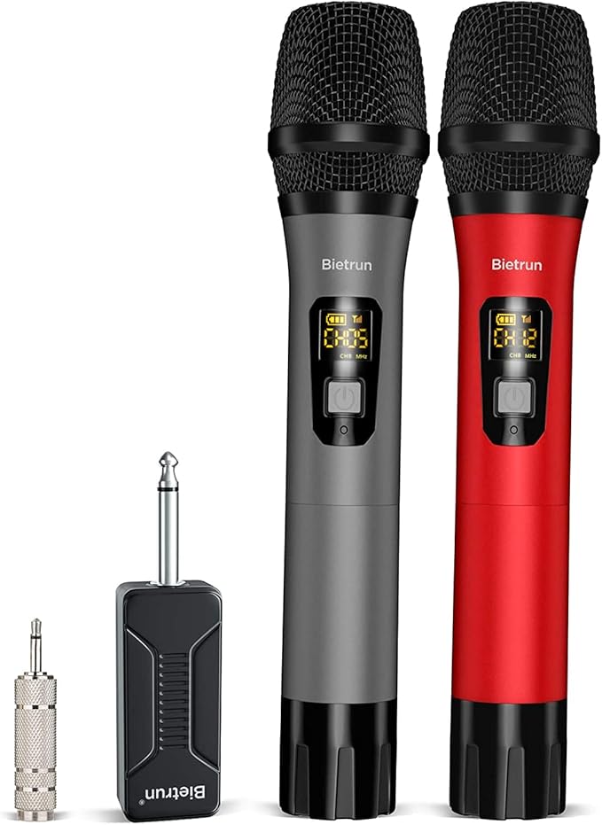 Bietrun UHF Wireless Microphone with 1/4'' Plug Rechargeable Receiver, 160 Feet, Professional Metal Dual Handheld Cordless Dynamic Mic System for Karaoke, Wedding, Singing, DJ, Party, Speech, Church