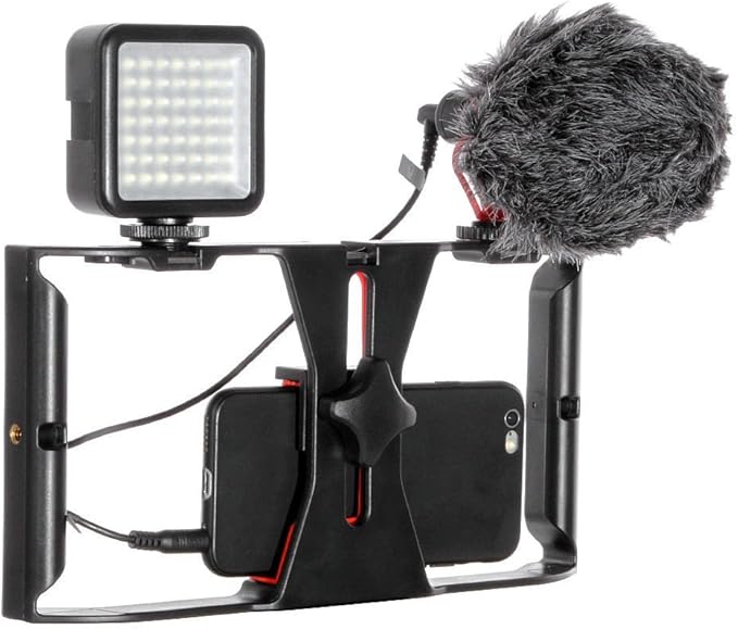FocusFoto Smartphone Video Rig Camera Cage Mount Holder Stabilizer Handle Grip with BOYA by-MM1 Shotgun Microphone Mic + 49 LED Light Kit for Mobile Phone iPhone Filmmaking Professional Videomaker