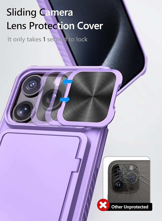 Vihibii for iPhone 15 Pro Case with Card Holder (4 Cards) & Slide Camera Cover & Kickstand, Shockproof Rugged Durable Hard Back & Soft Edge Wallet Phone Case for iPhone 15 Pro 5G 6.1" 2023, Purple