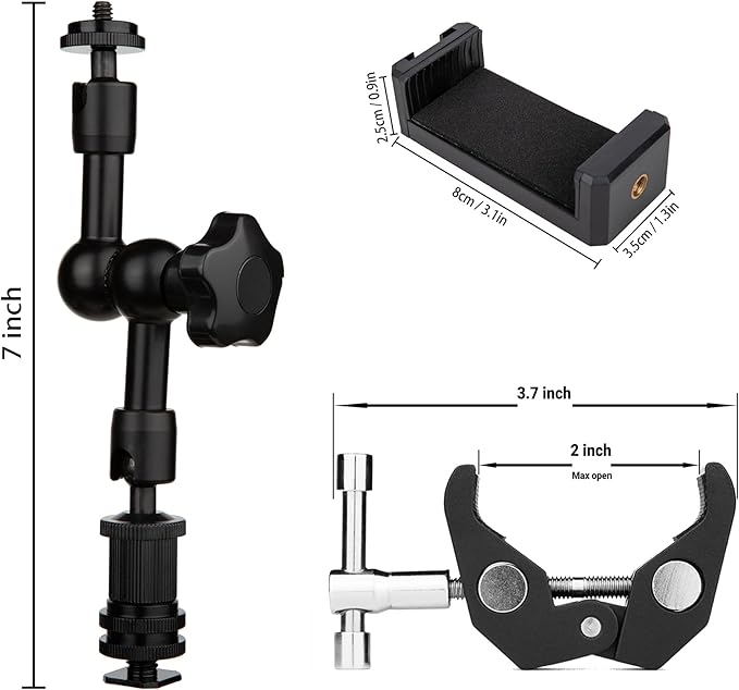 Magic Arm Mount - Aluminum Alloy Magic Arm Spring Clamp & C-Clamp for Tripod, Studio Holder, Live Streaming, Beauty Vlogger Phone Mount (1 Set)