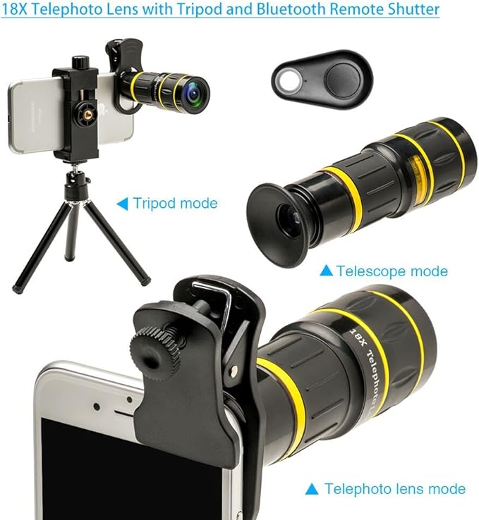 Godefa Cell Phone Camera Lens with Tripod+ Shutter Remote,6 in 1 18x Telephoto Zoom Lens/Wide Angle/Macro/Fisheye/Kaleidoscope/CPL, Clip-On lense Compatible for iPhone X 8 7 6s Plus, Samsung and More
