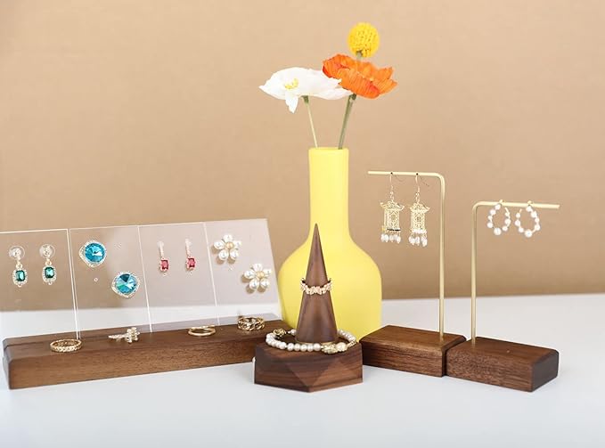 GemeShou brass earring display stands for selling, wooden ear ring holders for jewelry, single stud holder jewelry display【Walnut brass earring stand Height 5.31"】