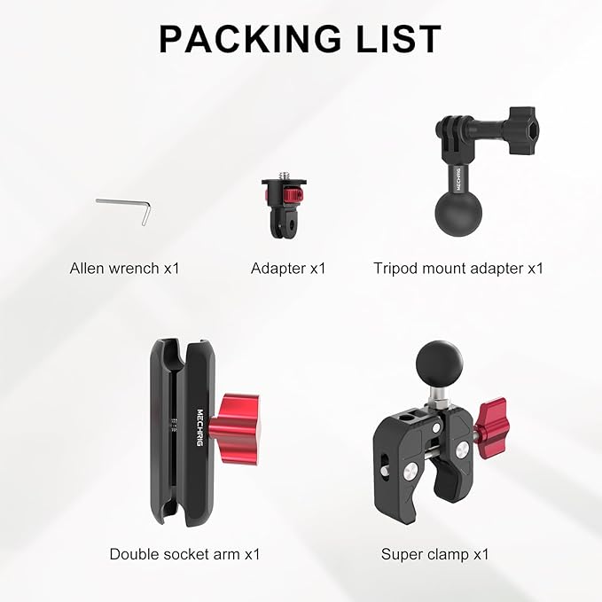 Camera Mount Super Clamp, Double Ballhead Magic Arm Clamp for GoPrO/Pocket 3 /lnsta360 X3 X4 /DSLR/Monitor/LED Light/Flash/Microphone,360°Rotating & 1/4”Screw & CNC Ebike Handlebar Clip Kit, JC008